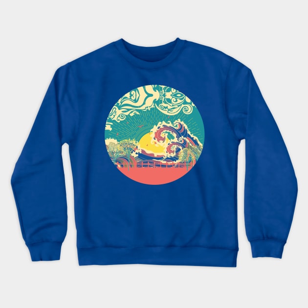 Sunset over sea retro design Crewneck Sweatshirt by AnnArtshock